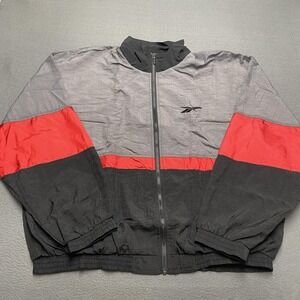 Vintage Reebok Jacket Mens 2XL Gray Black Red Nylon Full‎ Zip Windbreaker 90s